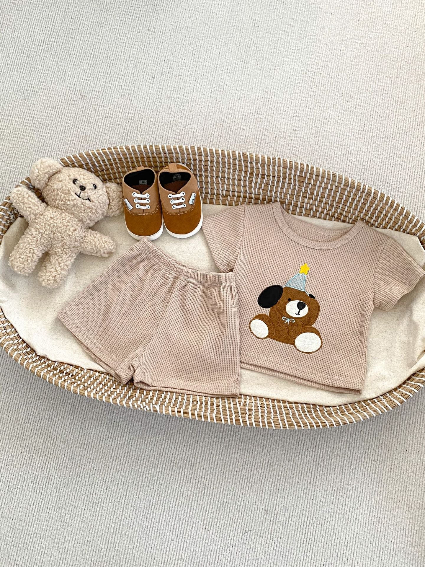 Baby Kids Boys Cute Teddy Pattern Short Sleeves Top And Solid Color Shorts Casual Clothing Set-2